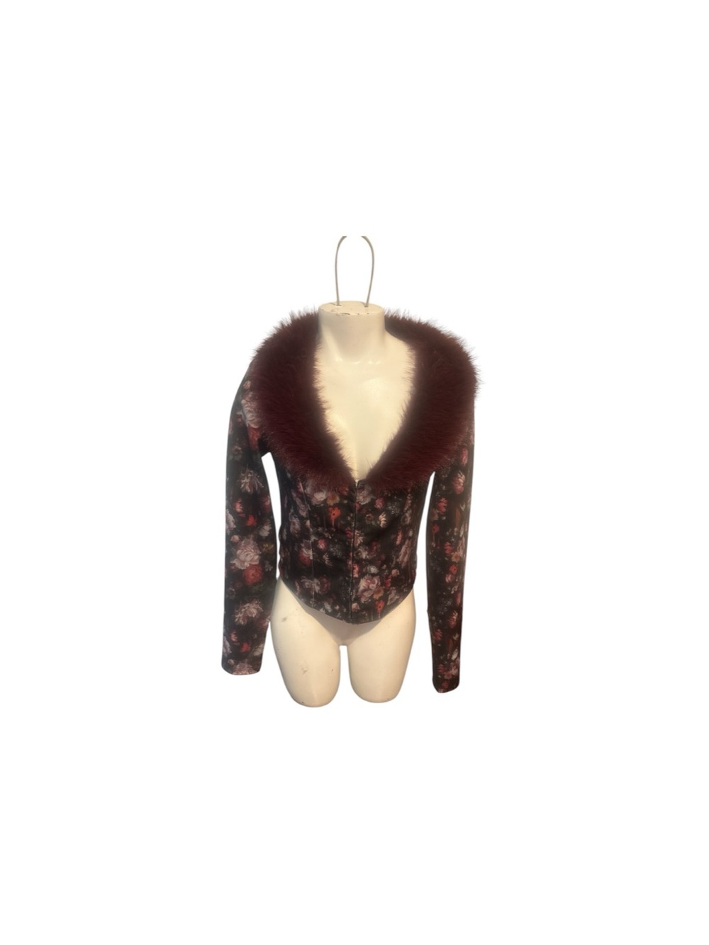 Dolls Kill Black Floral Corset Jacket with Wine Faux Fur Trim